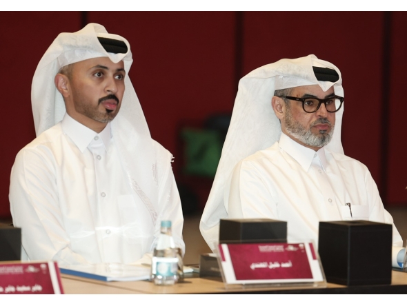 Newly elected QTTA President Hamad Ahmed Al-Hammadi (right) and Secretary General Ahmed Khalil Al-Mohannadi attend the General Assembly yesterday.