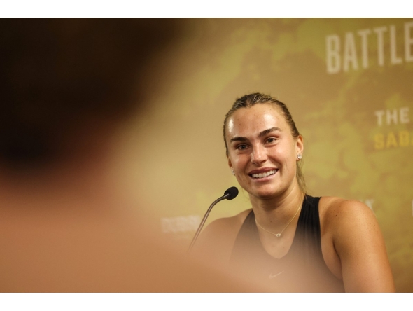 Belarus' Aryna Sabalenka speaks during a news conference in Dubai on December 28, 2025. (Photo by Amr Alfiky / Pool / AFP)
