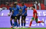 Morocco's forward #10 Brahim Diaz (R) celebrates scoring his team's first goal during the Africa Cup of Nations (CAN) round of 16 football match between Morocco and Tanzania at Prince Moulay Abdallah Stadium in Rabat on January 4, 2026. (Photo by Gabriel BOUYS / AFP)