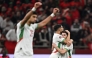 Morocco's forward #10 Brahim Diaz (R) celebrates scoring his team's first goal with Morocco's defender #02 Achraf Hakimi (2nd R) during the Africa Cup of Nations (CAN) quarter-final football match between Cameroon and Morocco at the Prince Moulay Abdallah stadium in Rabat on January 9, 2026. (Photo by Gabriel Bouys / AFP)
