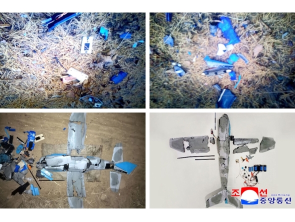 These images taken on January 4, 2026 and released as a combo image by North Korea's official Korean Central News Agency (KCNA) via KNS on January 10, 2026 shows wreckage of a drone that North Korea claims originated from South Korea, and brought down by specialised electronic warfare assets after violating North Korean airspace. (Photo by KCNA VIA KNS / AFP)