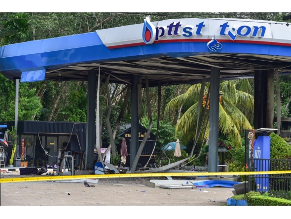 A general view shows the aftermath of a bomb attack at a PTT petrol station in Thailand's southern province of Narathiwat on January 11, 2026. (Photo by Madaree Tohlala / AFP)
