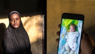 Collage of Mariam Soumah (left) at her home in Conakry and a photo of her daughter Sabina on December 29, 2025. (Photo by Patrick Meinhardt / AFP)