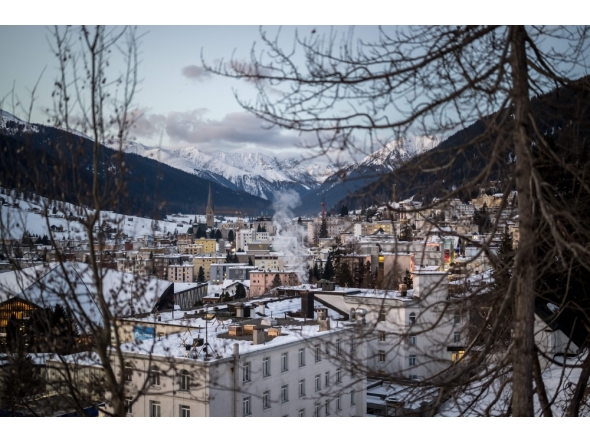 A photograph taken on January 19, 2026 shows a general view of the Alpine resort of Davos on the opening day of the World Economic Forum (WEF) annual meeting. (Photo by Fabrice Coffrini / AFP)