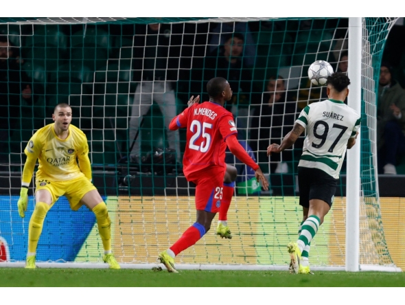Sporting Lisbon's Colombian forward #97 Luis Suarez celebrates scoring his second goal during the UEFA Champions League league phase day 7 football match between Sporting CP and Paris Saint Germain at Jose Alvalade stadium in Lisbon on January 20, 2026. (Photo by FILIPE AMORIM / AFP)