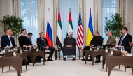 UAE President H H Sheikh Mohamed bin Zayed Al-Nahyan (centre) speaking with the heads of delegations participating in the UAE-hosted trilateral talks between the US, Russia and Ukraine, at the Al Shati Palace in Abu Dhabi. (AFP)