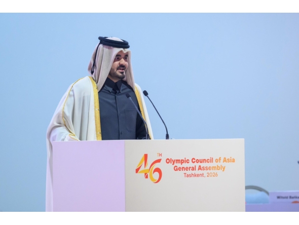 President of the Olympic Council of Asia (OCA) H E Sheikh Joaan bin Hamad Al Thani speaks during OCA’s 46th General Assembly in Tashkent, Uzbekistan, yesterday.
