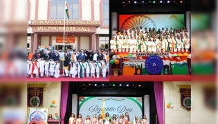 DPS Monarch International School principal, officials, and students during the flag-hoisting ceremony.