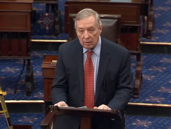 Screen grab of a video that shows Senator Dick Durbin, a Democrat from Illinois, on the Senate floor. 