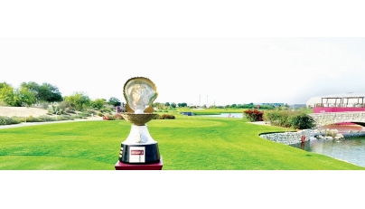 The Qatar Masters winner’s Mother of Pearl Trophy on display at Doha Golf Club.