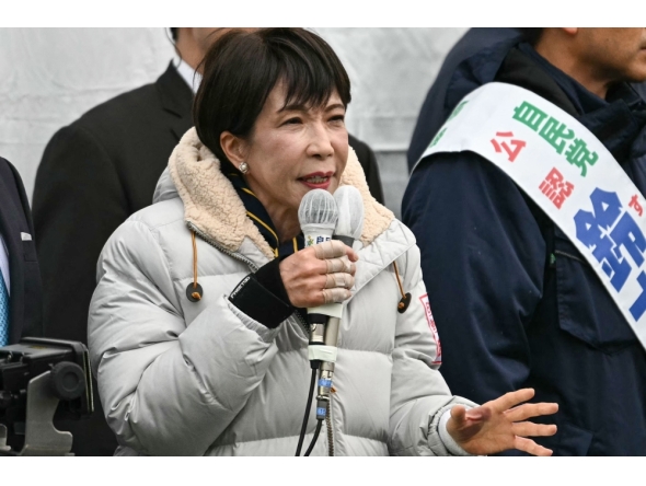 Japan's Prime Minister and President of the Liberal Democratic Party (LDP) Sanae Takaichi delivers a campaign speech ahead of the House of Representatives election, at Rekisen Park in Tokyo on February 7, 2026. (Photo by Philip Fong / AFP)