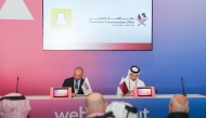 Director of the Government Communications Office Sheikh Jassim bin Mansour bin Jabor Al Thani and Vice President of Snap Inc Hussein Freijeh at the signing ceremony.