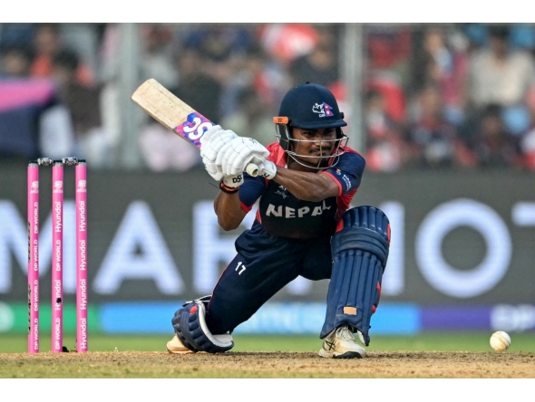 Nepal's captain Rohit Paudel plays a shot during the 2026 ICC Men's T20 Cricket World Cup group stage match between England and Nepal at the Wankhede Stadium in Mumbai on February 8, 2026. (Photo by Indranil MUKHERJEE / AFP)