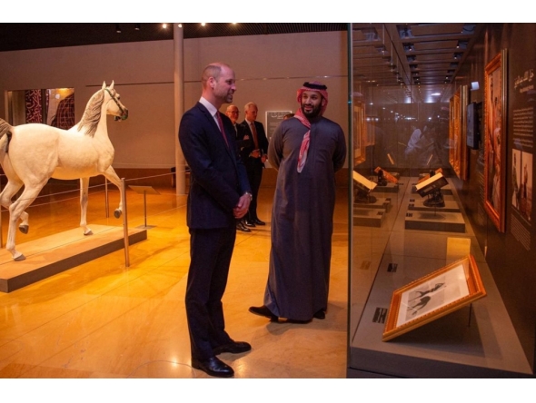 This handout picture taken on February 9, 2026 provided by the Saudi Press Agency (SPA) shows Saudi Arabia Crown Prince and Prime Minister HRH Prince Mohammad bin Salman bin AbdulAziz Al Saud meeting with Britain's Prince William, Prince of Wales in the old district of Diriyah on the outskirts of the Saudi capital Riyadh. (Photo by SPA / AFP)