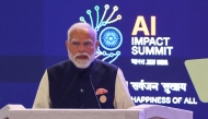 India's Prime Minister Narendra Modi delivers a speech at the AI Impact Summit in New Delhi on February 19, 2026. (Photo by Ludovic Marin / AFP)