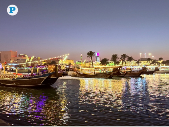 Traditional wooden dhows illuminated with decorative lights are seen moored along the Doha Corniche on February 21, 2026. Photo by Vishnu Prasad KS/ The Peninsula