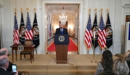 US President Donald Trump speaks during the Angel Families Remembrance Ceremony in the East Room of the White House in Washington, DC, on February 23, 2026. (Photo by SAUL LOEB / AFP)