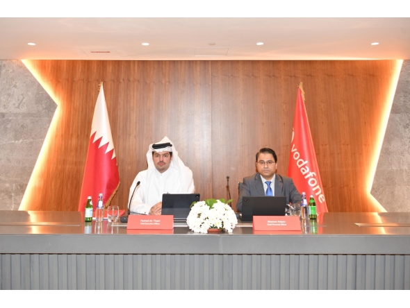 Vodafone Qatar Chief Executive Officer, Sheikh Hamad Abdulla Jassim Al Thani (left) during the Ordinary General Assembly Meeting held virtually.
