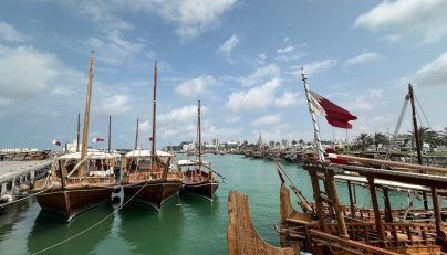 Traditional dhow boats are moored along the corniche in Doha on March 10, 2026. Photo by AFP