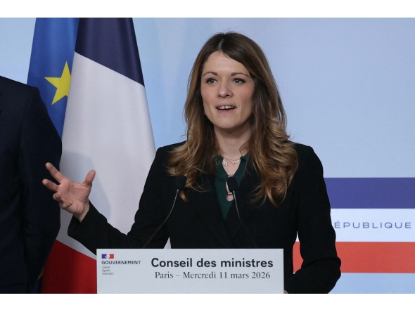 France's Government Spokesperson Maud Bregeon gestures as she addresses media during a press conference following the weekly cabinet meeting in Paris on March 11, 2026. (Photo by Thomas SAMSON / AFP)
