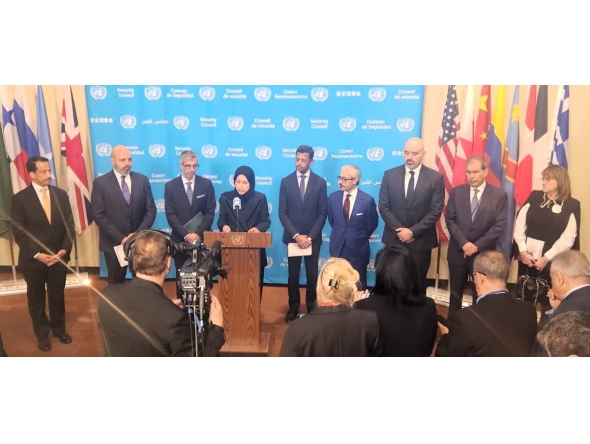 Permanent Representative of the State of Qatar to the United Nations H E Sheikha Alya Ahmed bin Saif Al-Thani speaking during the media briefing. 