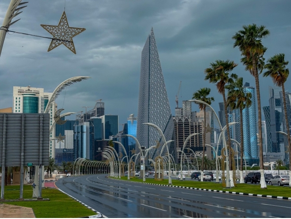 Cloudy skies loom over Doha’s West Bay skyline after Qatar witnessed rainfall yesterday. Pic: Shafrin Karim