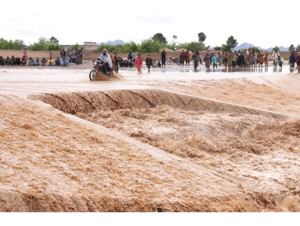 An Afghan motorist wades across a flooded road at Zawul district in Herat province on April 2, 2026. (Photo by Mohsen Karimi / AFP)
 