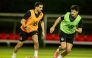 Al Sadd's Hassan Al Haydos (left) and Ahmed Suhail during a training session yesterday.