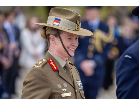 This handout photo from the Australian Defence Force taken on July 4, 2024, shows Lieutenant general Susan Coyle reacting as she attends an official event in Canberra. (Photo by Handout / Australian Defence Force / AFP) 