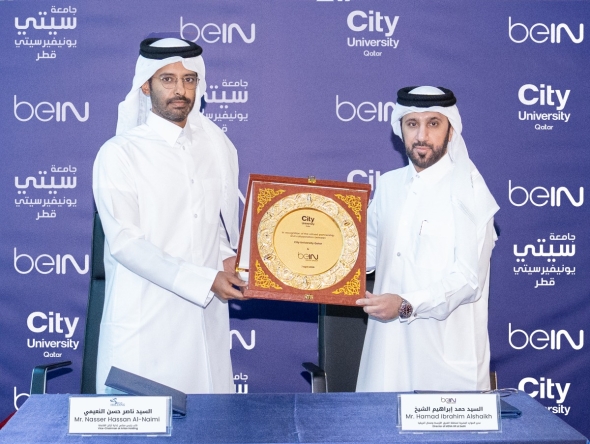 beIN’s Director of MENA HR Hamad Ibrahim Al-Shaikh and Vice-Chairman at Artan Holding Nasser Hassan Al-Naimi during the signing of the agreement.