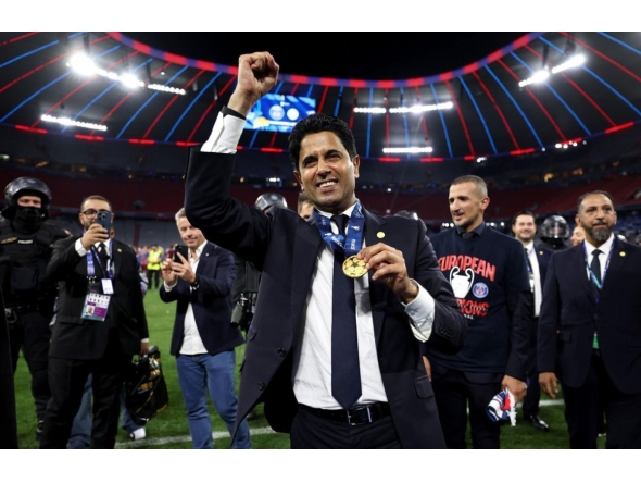 Paris Saint Germain's Qatari president Nasser al-Khelaifi reacts following the UEFA Champions League quarter final, second-leg football match between Liverpool and Paris Saint-Germain at Anfield in Liverpool, north west England on April 14, 2026. (Photo by FRANCK FIFE / AFP)