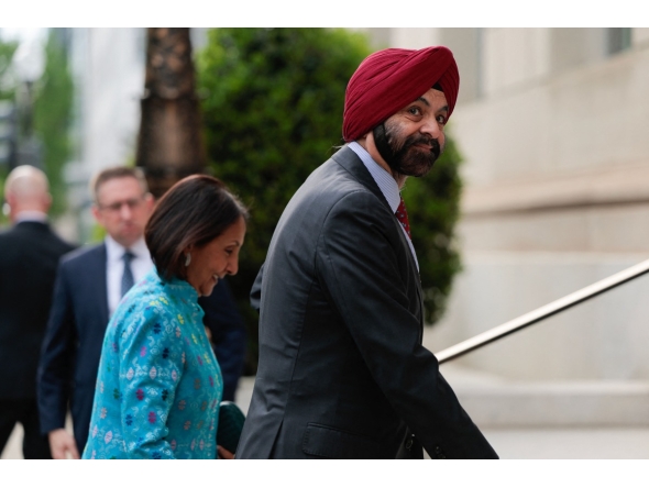 World Bank Group President Ajay Banga and his wife Ritu Banga arrive for an event in honor of Dutch King Willem-Alexander (L) and Queen Maxima at the US Chamber of Commerce in Washington, DC, on April 13, 2026. (Photo by Kent Nishimura / AFP)