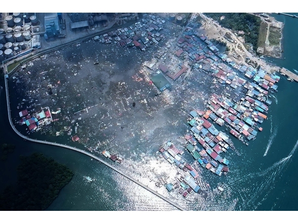 This handout photo taken and released by Malaysia's Sandakan Fire and Rescue Department on April 19, 2026, shows a general view of the Kampung Bahagia water village after a fire, in Sandakan, on Malaysia's Borneo island. (Photo by Handout / Malaysia's Sandakan Fire and Rescue Department / AFP)