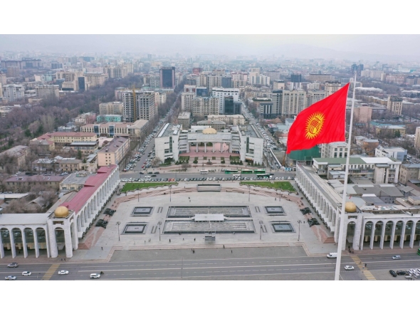 An aerial view shows the Kyrgyz capital of Bishkek on March 23, 2026. (Photo by Vyacheslav OSELEDKO / AFP)