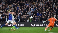 Manchester City's Norwegian forward #9 Erling Haaland (2ndL) scores a goal during the Premier League football match between Everton and Manchester City at Hill Dickinson Stadium in Liverpool on May 4, 2026. (Photo by PETER POWELL / AFP)