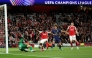 Arsenal's English midfielder #07 Bukayo Saka scores the team's first goal during the UEFA Champions League second-leg semi-final football match between Arsenal and Atletico Madrid at the Emirates Stadium in north London on May 5, 2026. (Photo by Adrian Dennis / AFP)