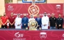 Qatar Basketball Federation, Al Arabi and Al Sadd officials, along with players pose for a photo.