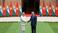 India's Prime Minister Narendra Modi (L) shakes hands with Vietnam's President To Lam before their meeting at the Hyderabad House in New Delhi on May 6, 2026. (Photo by Sajjad Hussain / AFP)