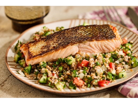 Crispy Salmon and Bulgur Salad. Picture: Tom McCorkle/For The Washington Post; food styling by Gina Nistico