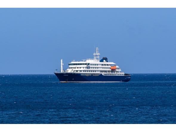 A general view of the cruise ship MV Hondius stationary off the port of Praia, the capital of Cape Verde, on May 3, 2025. Photo by AFP