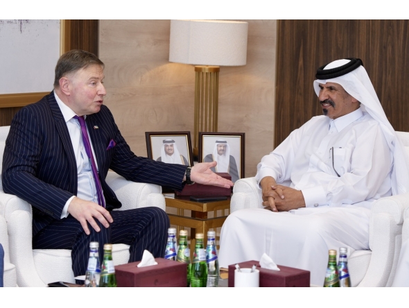 Ambassador of Ukraine to Qatar H E Andrii Kuzmenko with First Vice Chairman of QC Mohamed bin Ahmed bin Twar Al Kuwari during the meeting.