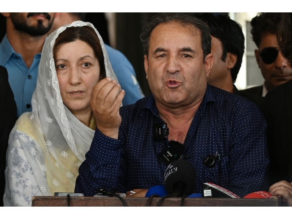 Parents of Pakistani TikTok influencer Sana Yousaf address the media after a verdict outside the court in Islamabad on May 19, 2026. (Photo by Farooq Naeem / AFP)
