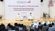 President of the Civil Service and Government Development Bureau and Secretary-General of the National Planning Council H E Dr. Abdulaziz bin Nasser bin Mubarak Al Khalifa speaking during a panel discussion at Doha International Book Fair.
