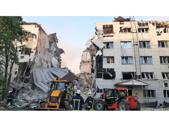 This handout picture released on May 22, 2026 by Leonid Pasechnik, the Moscow-installed head of the Luhansk region of Russian-controlled Ukraine, shows heavily damaged buildings of the Starobilsk professional college of the Luhansk Pedagogical University and its dormitory, following a drone attack in Starobilsk. (Photo by Handout / social media / AFP) 