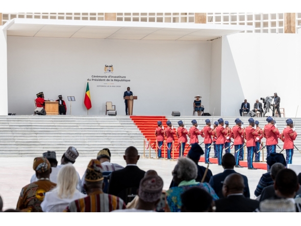 Benin president-elect Romuald Wadagni (C) delivers his remarks after being sworn in during his inauguration ceremony at the Palais des Congres in Cotonou on May 24, 2026. (Photo by yanick Folly / AFP)
