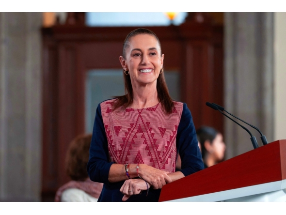 Handout photo released by Mexico's Presidency press office shows Mexico's President Claudia Sheinbaum during her daily press conference at the National Palace in Mexico City on May 25, 2026. (Photo by Saul lopez Escorcia / Presidencia de Mexico / AFP) 