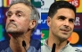 Paris Saint-Germain's Spanish headcoach Luis Enrique (L) and Arsenal's Spanish manager Mikel Arteta address a MD-1 press conference on May 29, 2026, the eve of the UEFA Champions League final football match between Paris Saint-Germain (PSG) and Arsenal at the Puskas Arena in Budapest. (AFP)