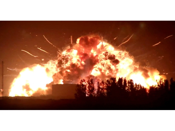 This screen grab shows fire as the uncrewed Blue Origin's New Glenn rocket explodes during a test on a launchpad at Cape Canaveral Space Force Station in Cape Canaveral, Florida, on May 28, 2026. (Photo by NASASpaceflight.com / AFP)