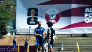Qatar head coach Julen Lopetegui (left) with Akram Afif during a training session in Santa Barbara yesterday. 