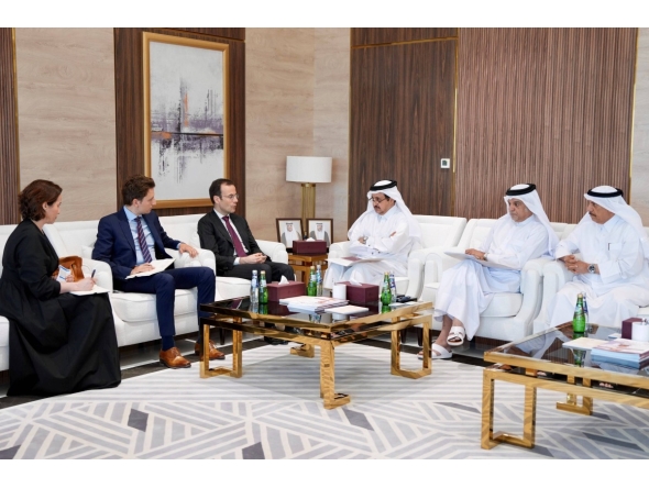 QC Chairman Sheikh Khalifa bin Jassim bin Mohammed Al Thani with the Ambassador of France to Qatar, H E Arnaud Pescheux, and other officials during the meeting. 